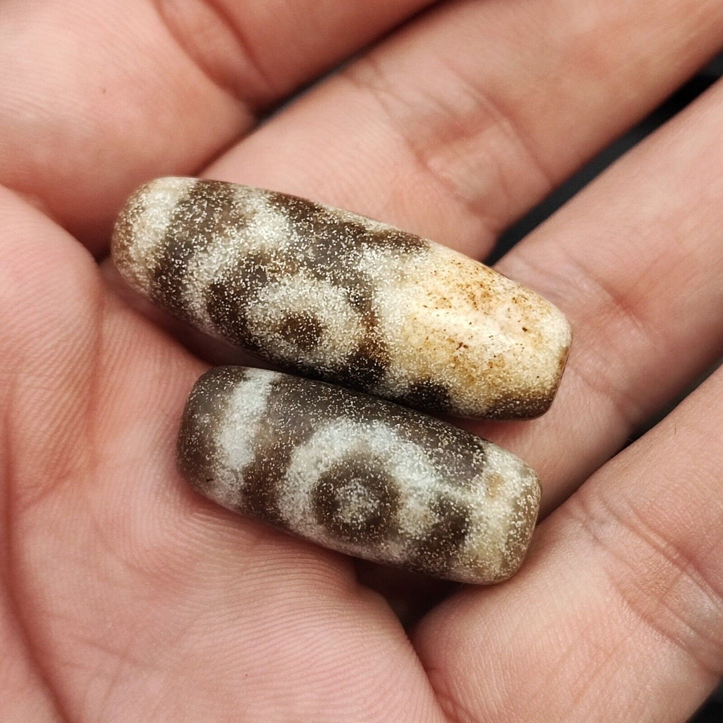 Lot 2 old indo tibetan multi eyes stone dzi bead amulet