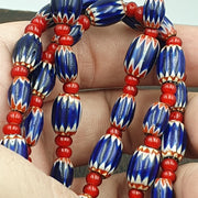 Venetian Glass Beads, Vintage Chevron Heart Strand - Handcrafted 28 Inch | Multi Layer White Blue Red