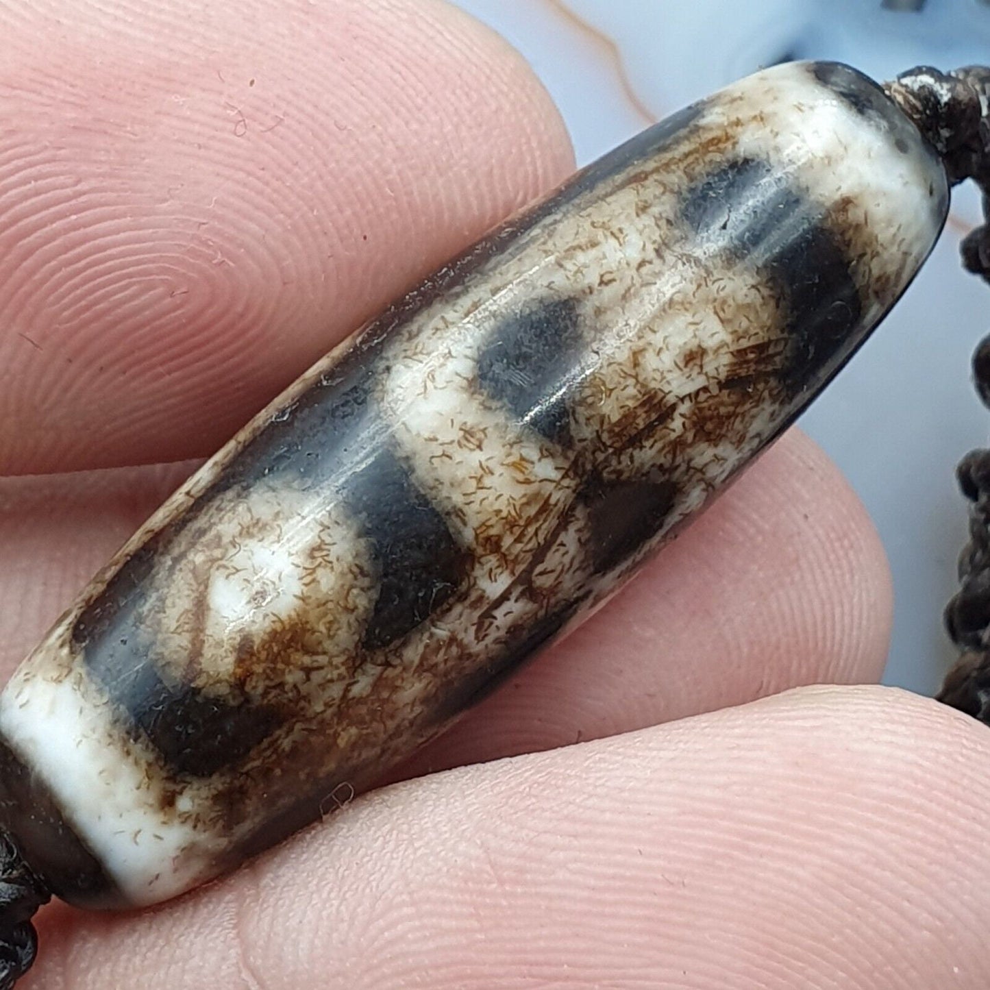 Vintage Tibetan 6 Eye Agate Dzi Bead Amulet Necklace