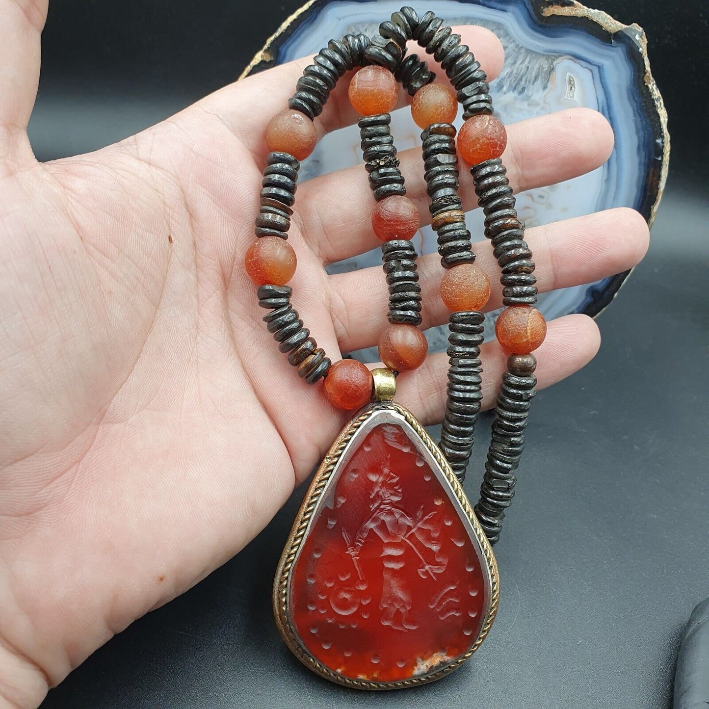 Antique Carved Agate Seal Pendent Necklace: Rare Bone Beads