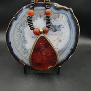Antique Carved Agate Seal Pendent Necklace: Rare Bone Beads