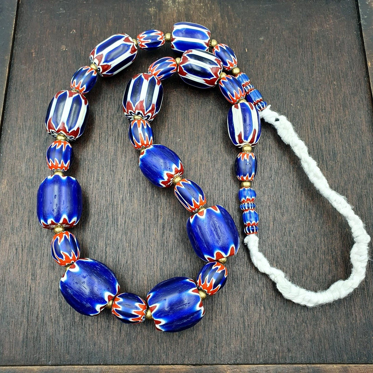 Venetian style trade beads old african chevron glass big beads strand 368 grams.