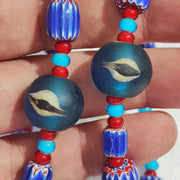 N94 blue chevron and white heart venetian beads african glass beads necklace.