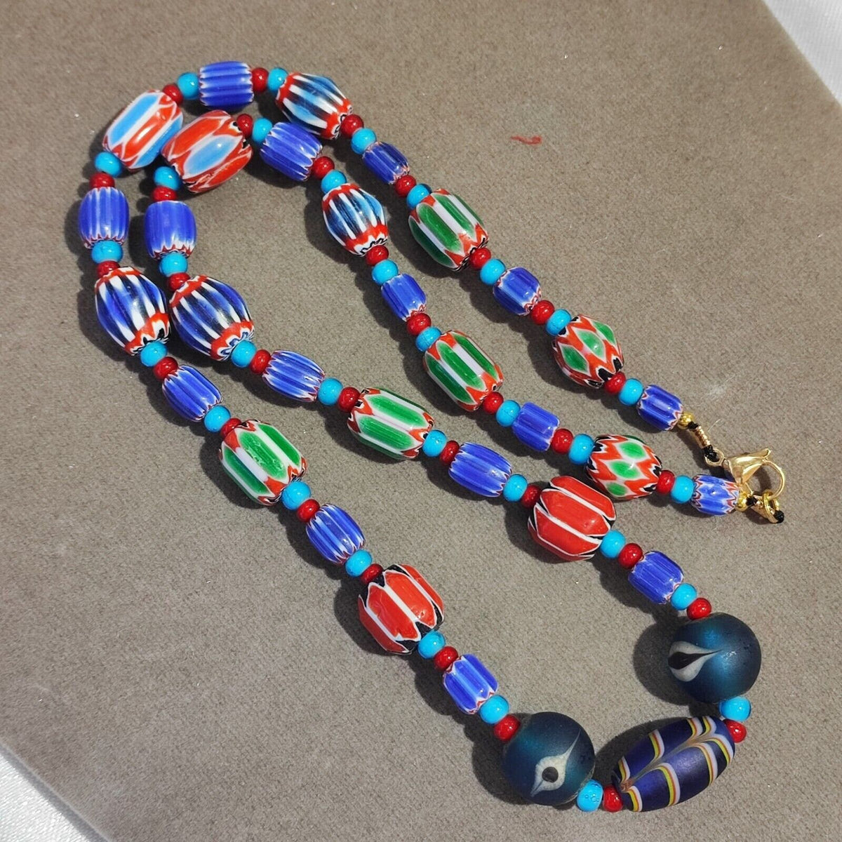 N95 blue chevron and white heart venetian beads african glass beads necklace.