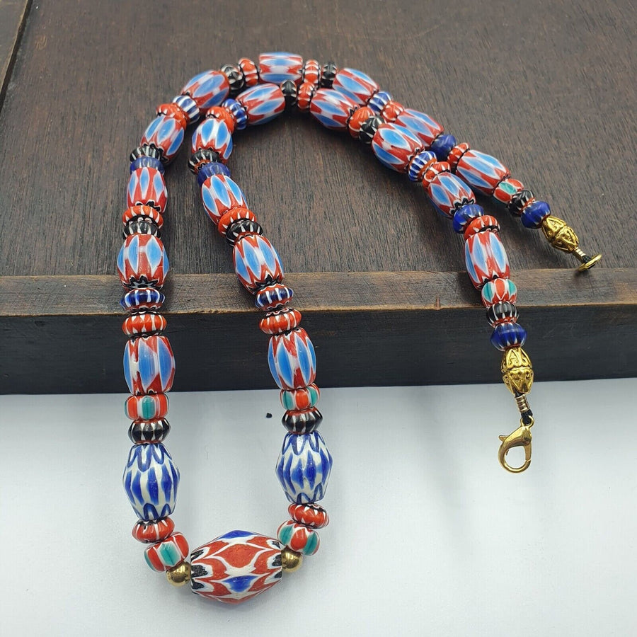 Vintage Venetian Chevron Bead Necklace: Multicolor Trade Beads, 24" Strand