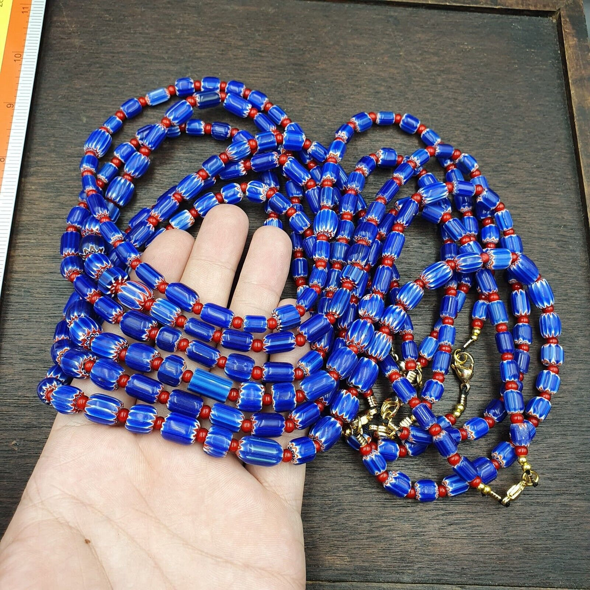 Vintage blue chevron and red white heart venetian beads necklace