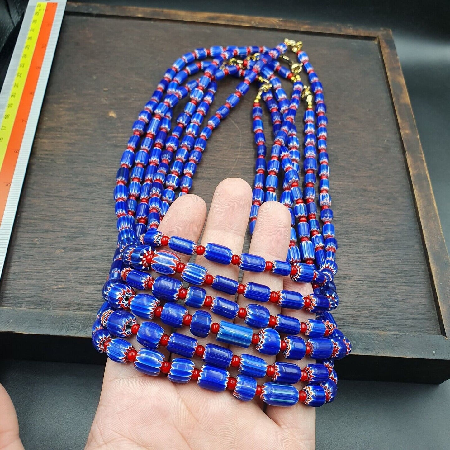 Vintage blue chevron and red white heart venetian beads necklace