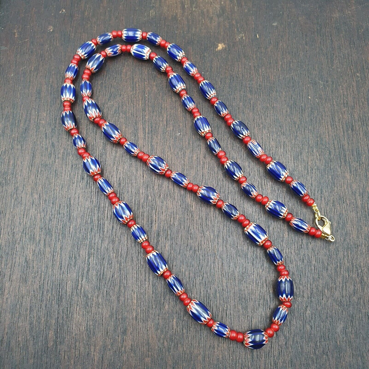 Mystique of antiquity vintage venetian white heart blue chevron beads necklace