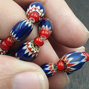 Venetian Glass Beads, Vintage Chevron Heart Strand - Handcrafted 28 Inch | Multi Layer White Blue Red