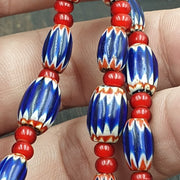 Venetian Glass Beads, Vintage Chevron Heart Strand - Handcrafted 28 Inch | Multi Layer White Blue Red