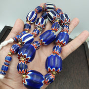 Venetian style trade beads old african chevron glass big beads strand 368 grams.