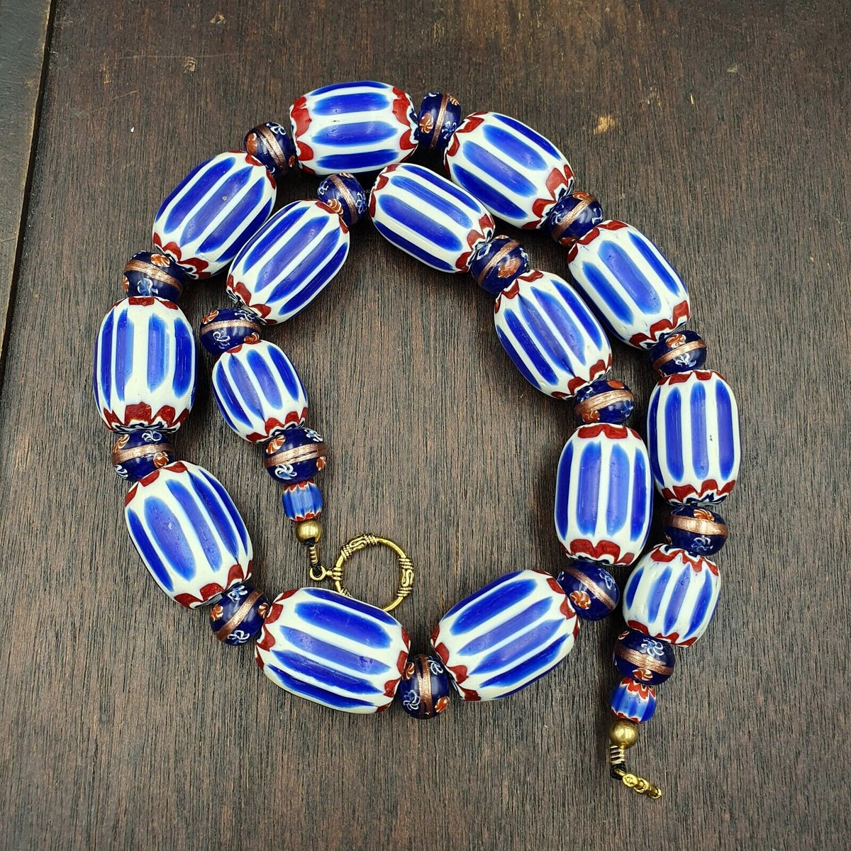 Antique venetian inspired african blue chevron, wedding cake beads necklace bg-6