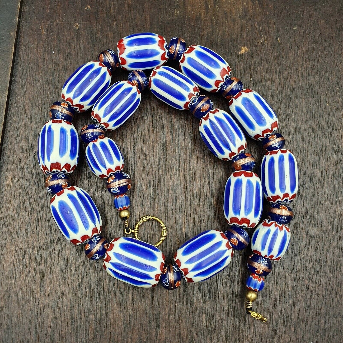Antique venetian inspired african blue chevron, wedding cake beads necklace bg-6