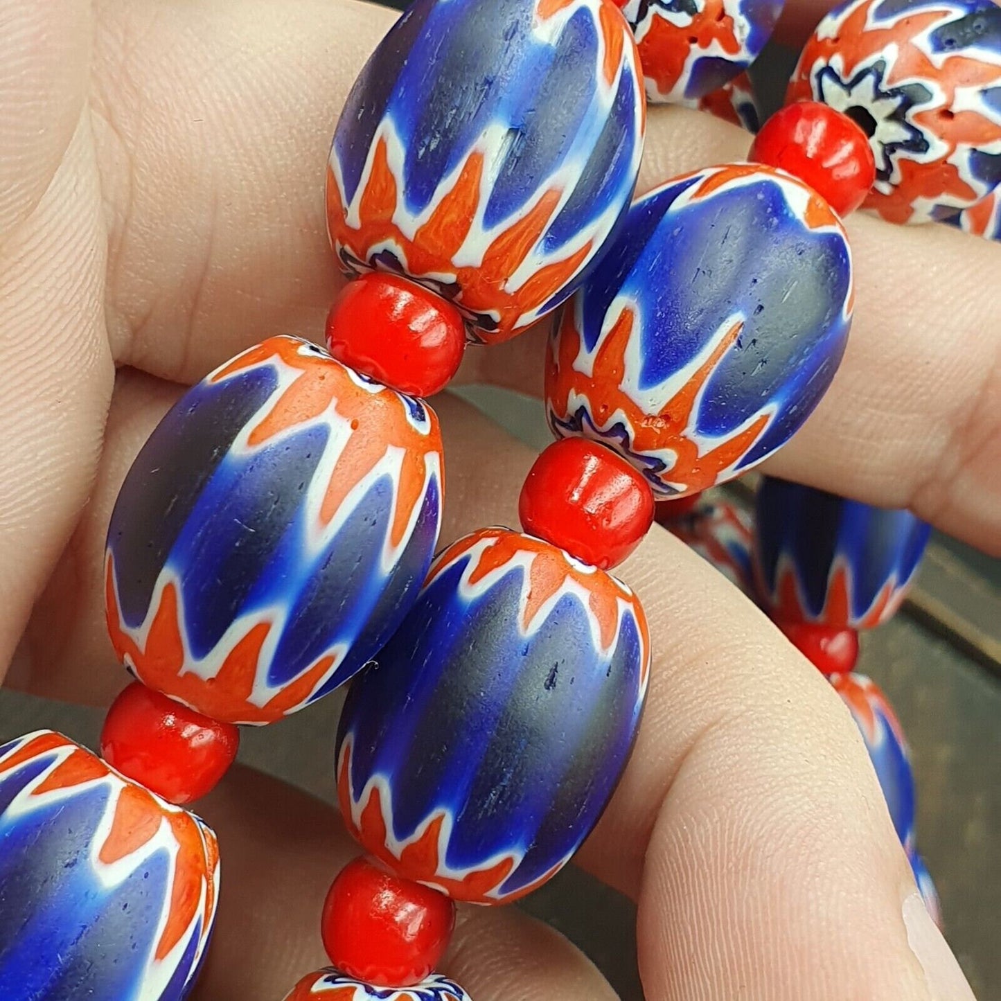 Antique white heart venetian inspired african blue glass chevron with big beadGift