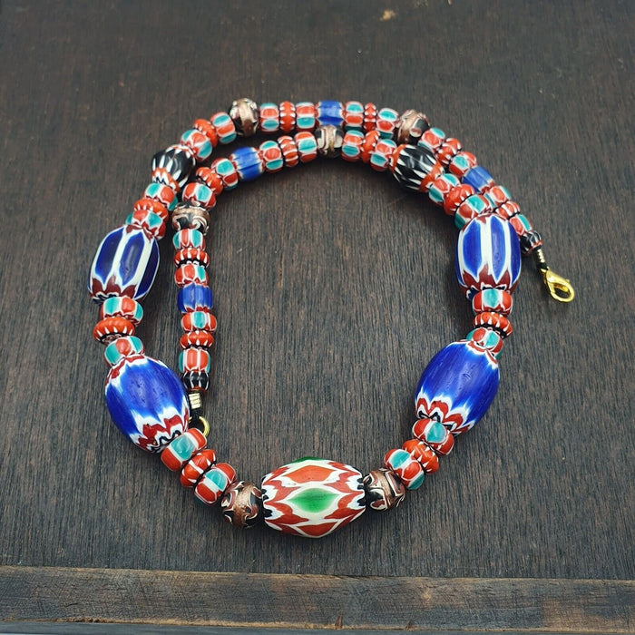 Vintage Venetian Chevron Bead Necklace: Multicolor Glass, 24 Inch Strand