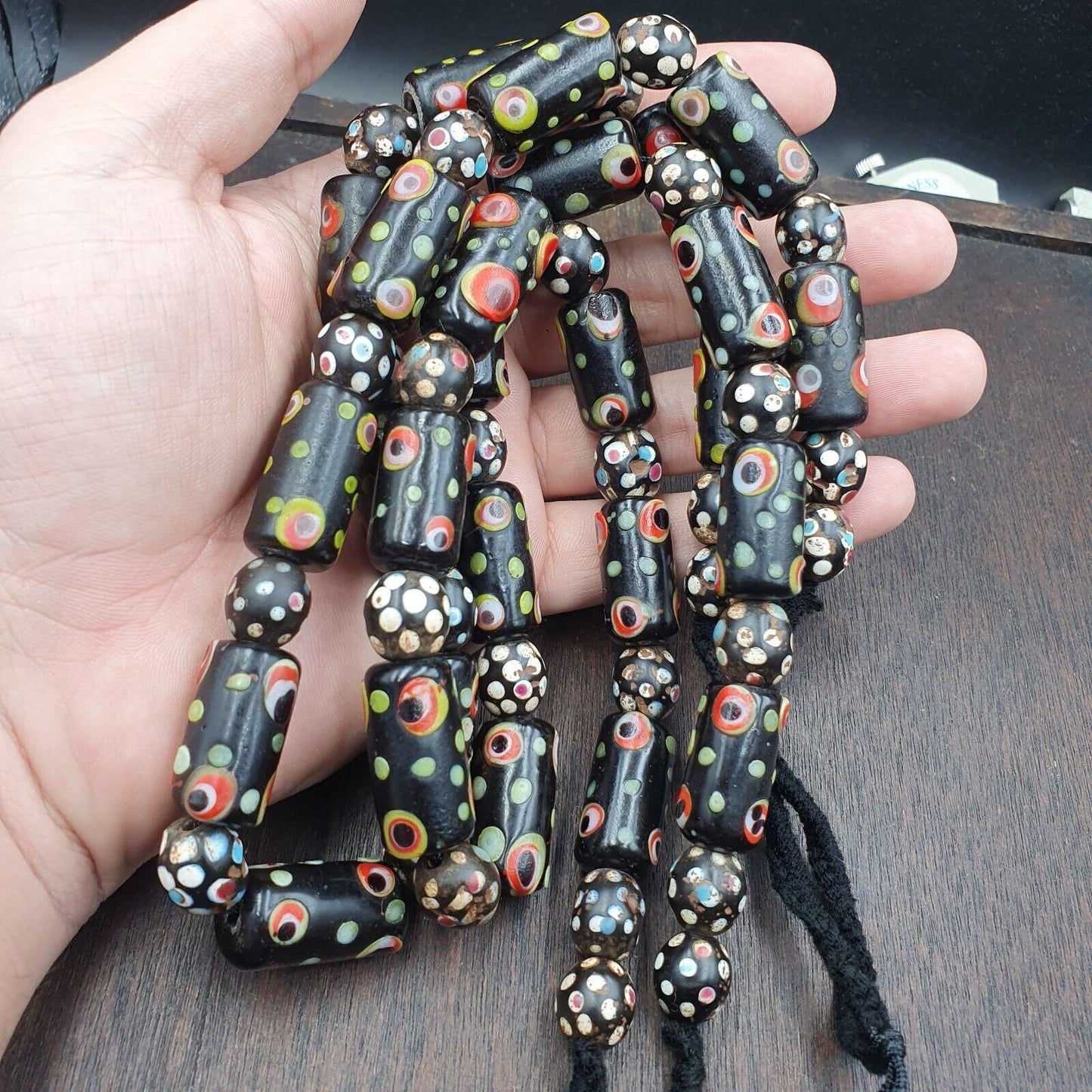 Vintage black gabri eyes skunk thousand eyes glass beads strandGift