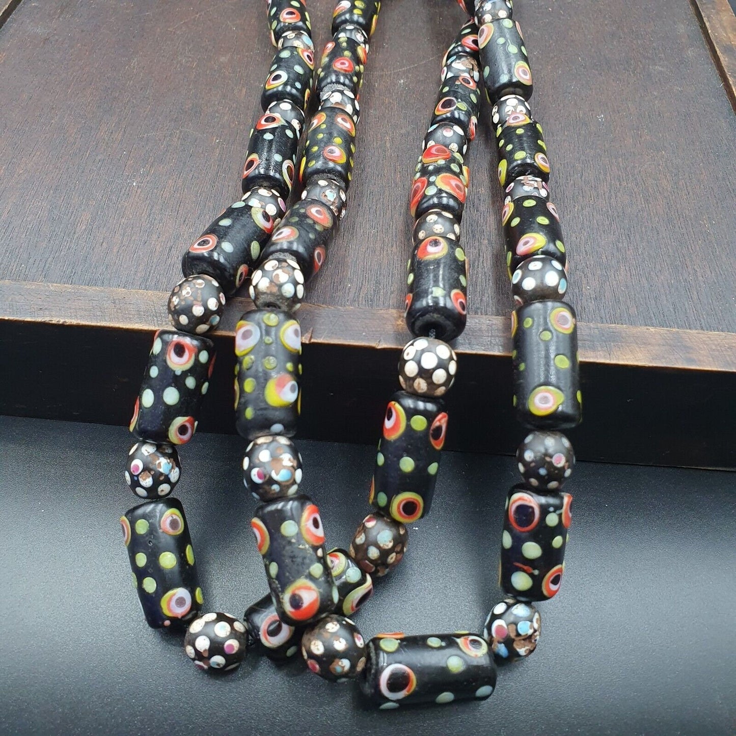 Vintage black gabri eyes skunk thousand eyes glass beads strandGift