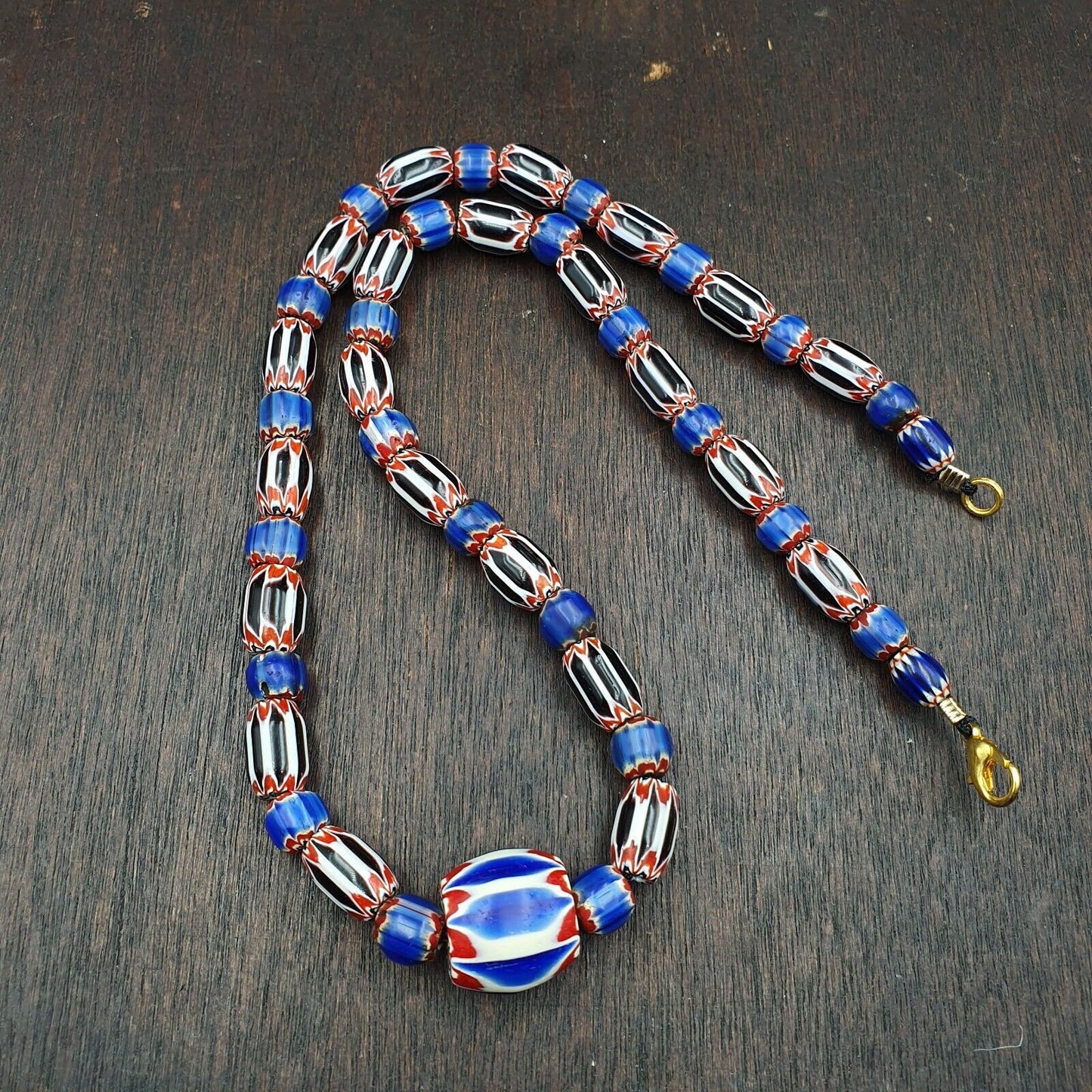 Antique venetian inspired african blue & black chevron beads necklace
