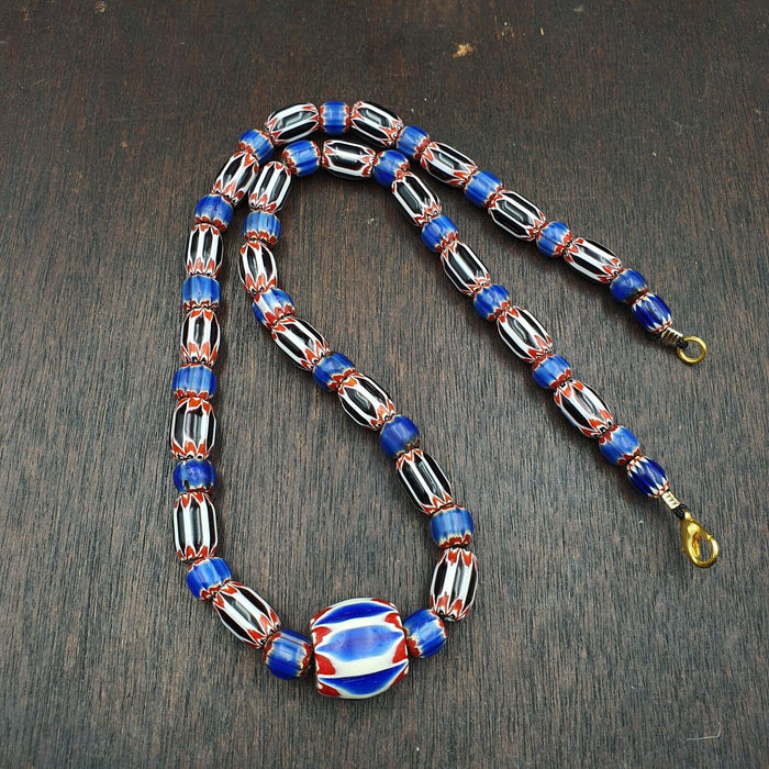 Antique venetian inspired african blue & black chevron beads necklace