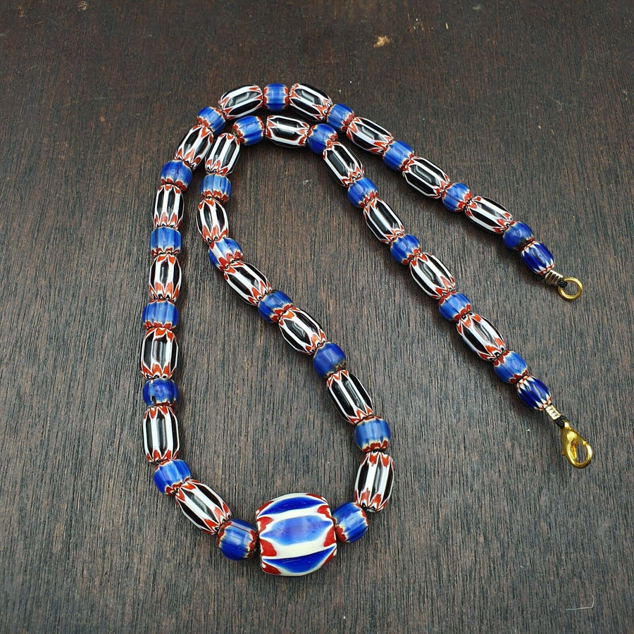 Antique venetian inspired african blue & black chevron beads necklace