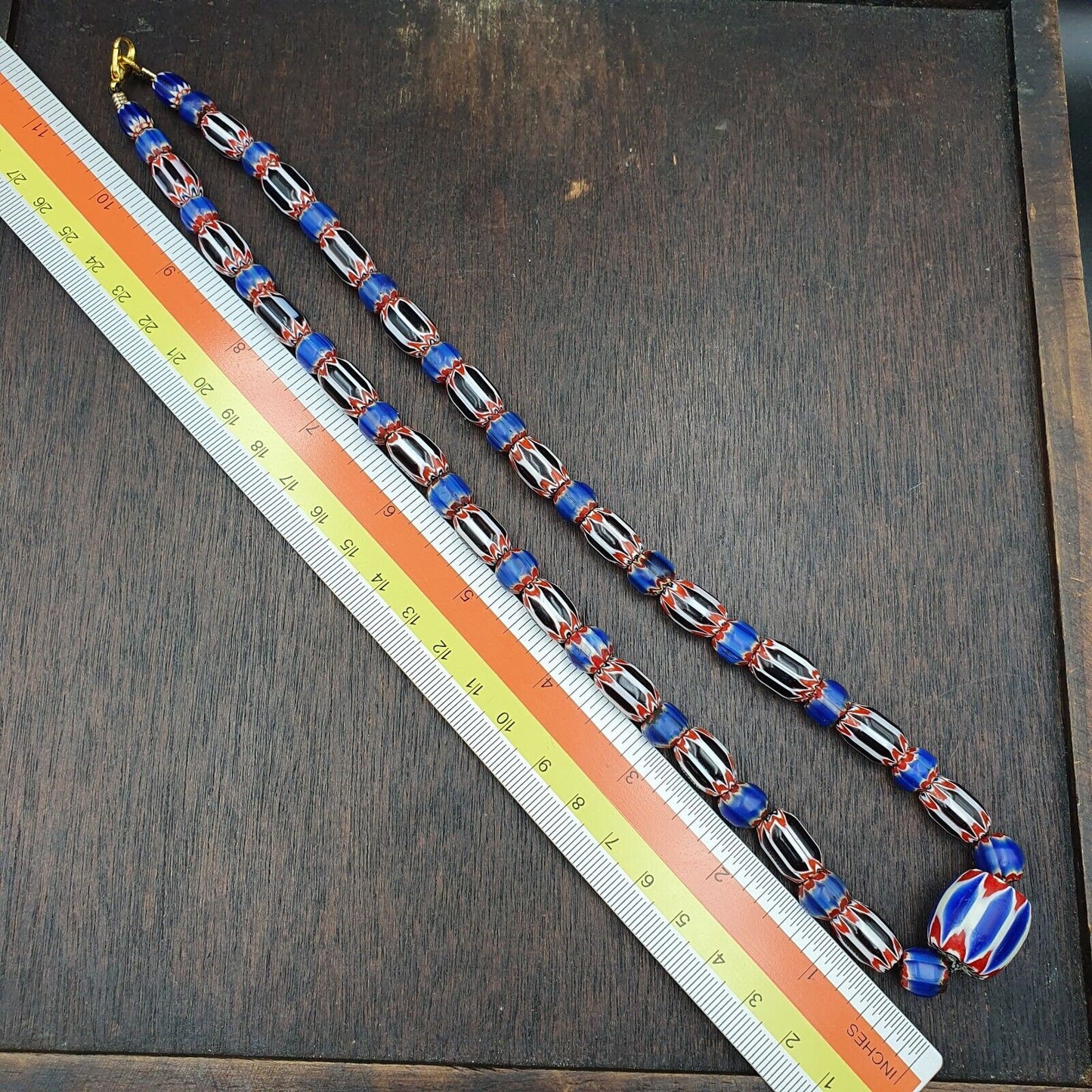 Antique venetian inspired african blue & black chevron beads necklace