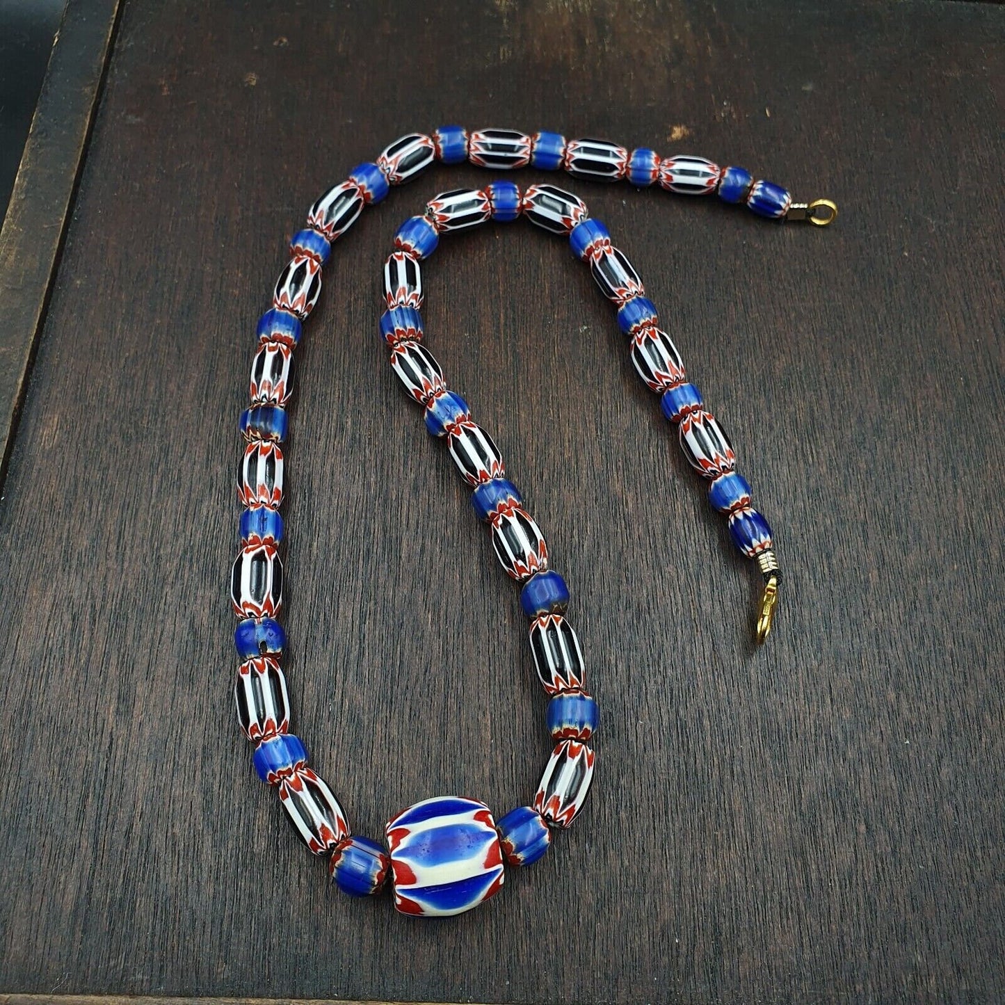Antique venetian inspired african blue & black chevron beads necklace