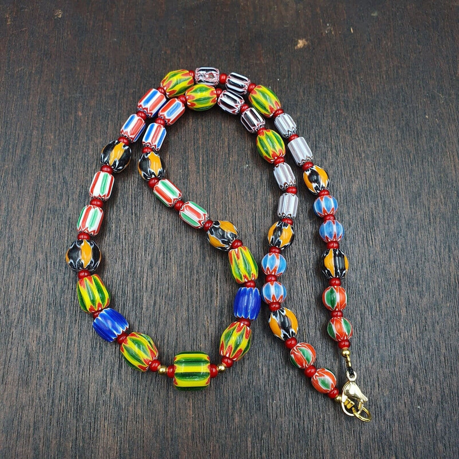 Ych-14 venetian inspired chevron and 4.5mm red white heart  beads necklace