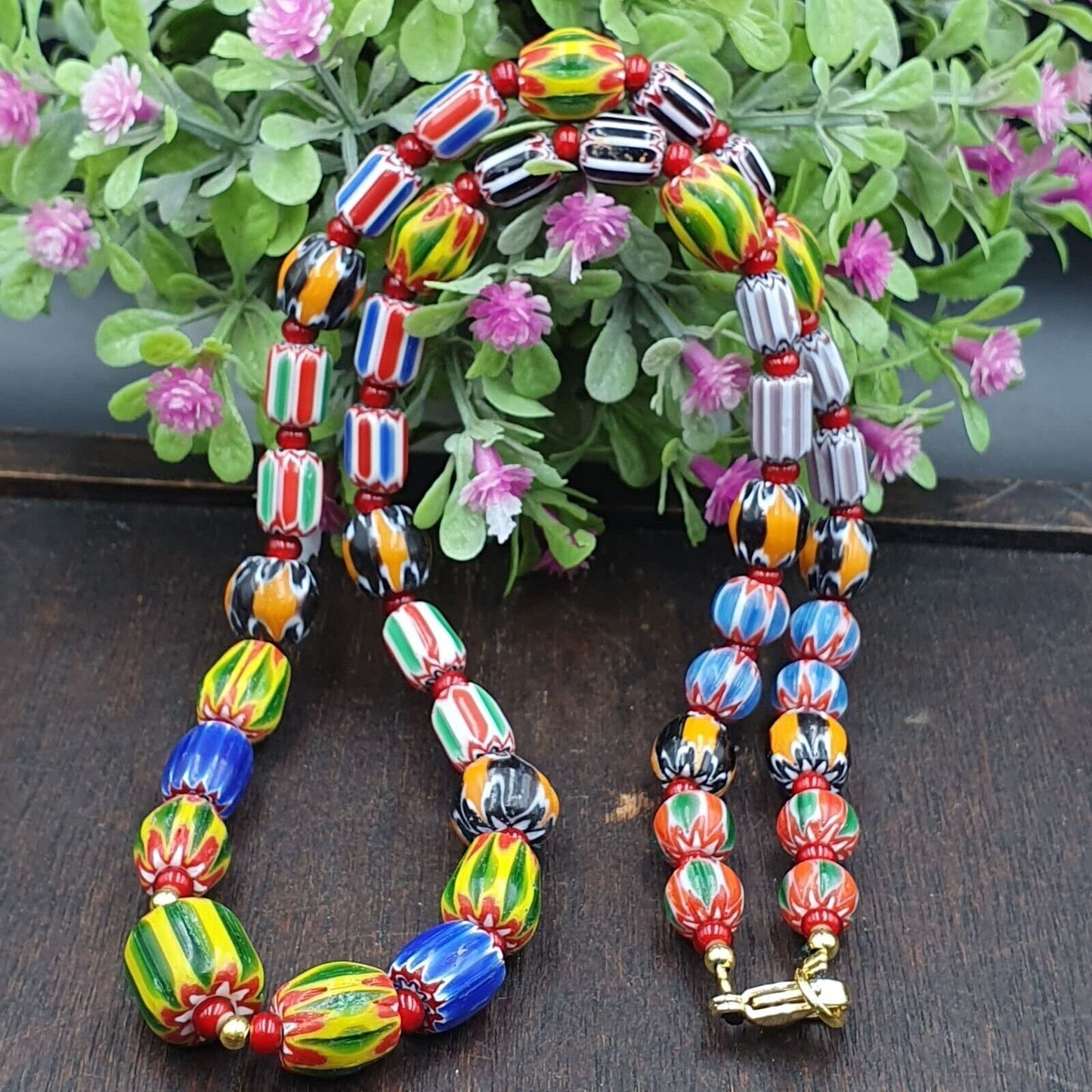 Ych-14 venetian inspired chevron and 4.5mm red white heart  beads necklace