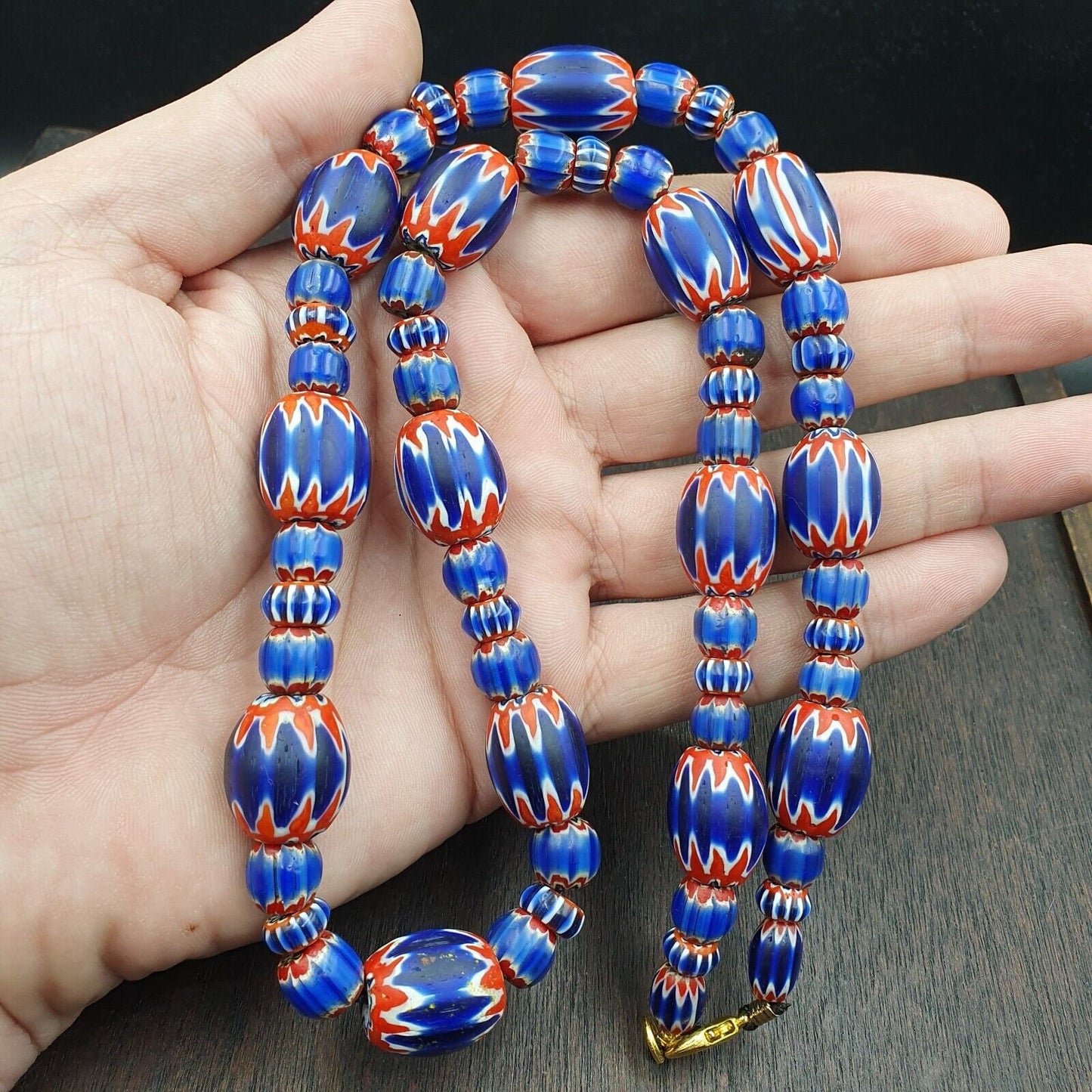 Antique venetian inspired african blue glass chevron beads necklaceGift