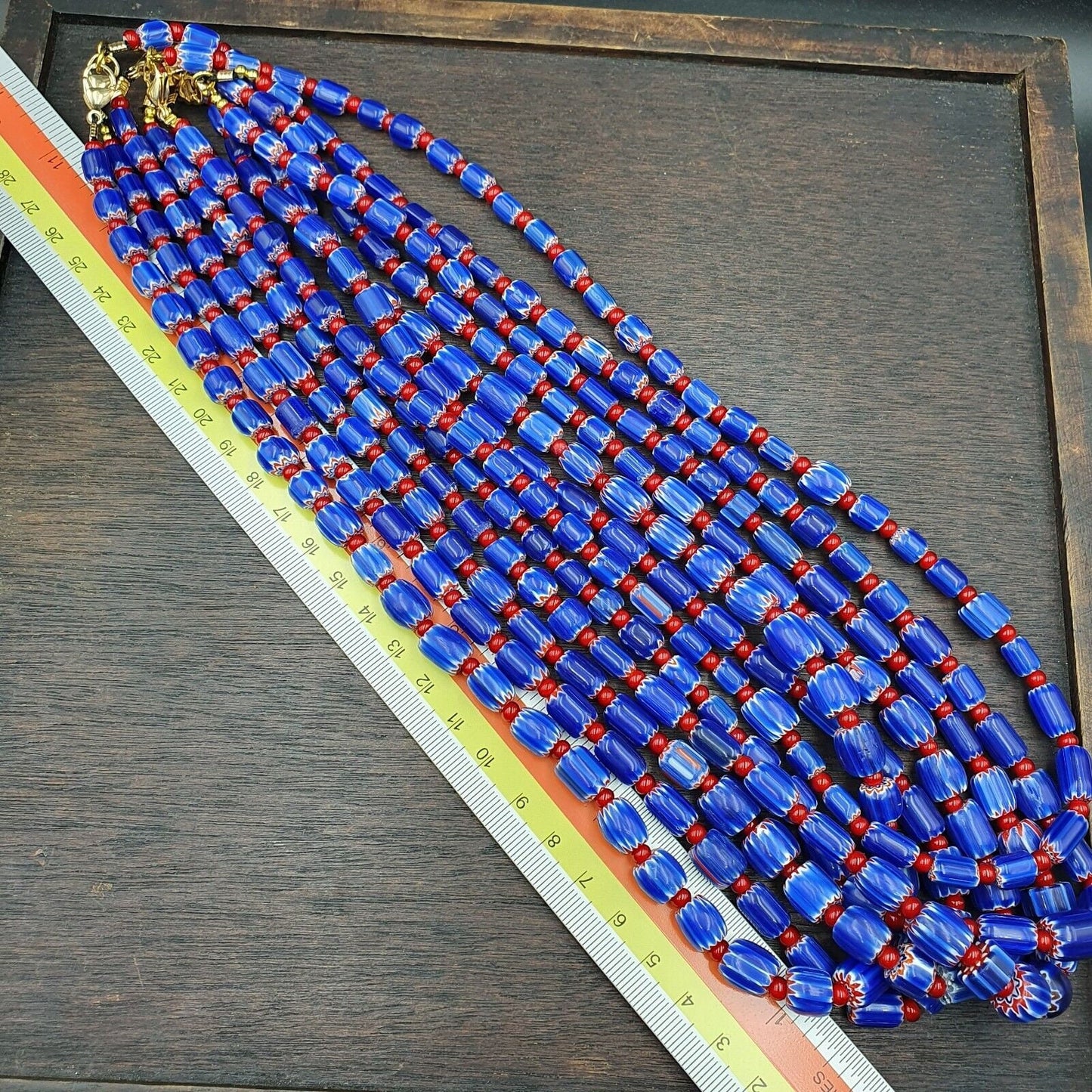 Vintage blue chevron and red white heart venetian beads necklace