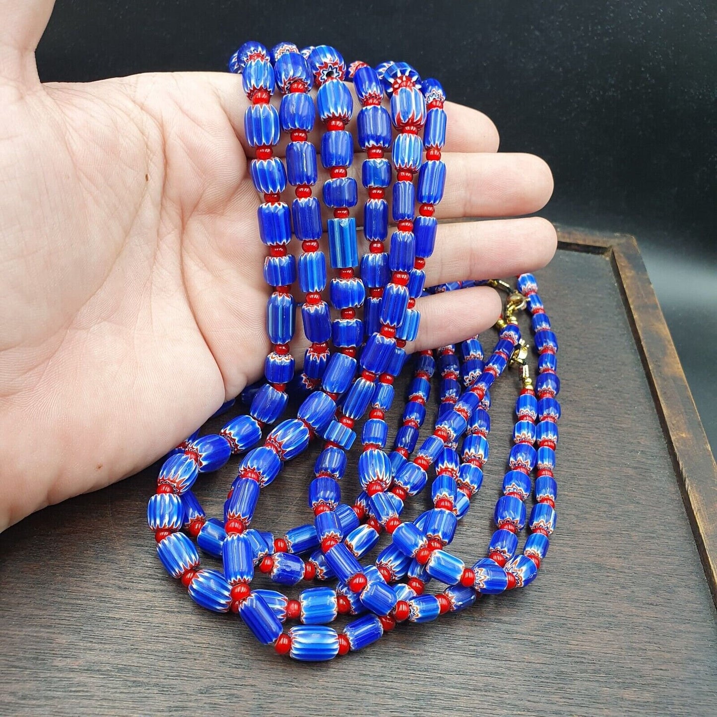 Vintage blue chevron and red white heart venetian beads necklace
