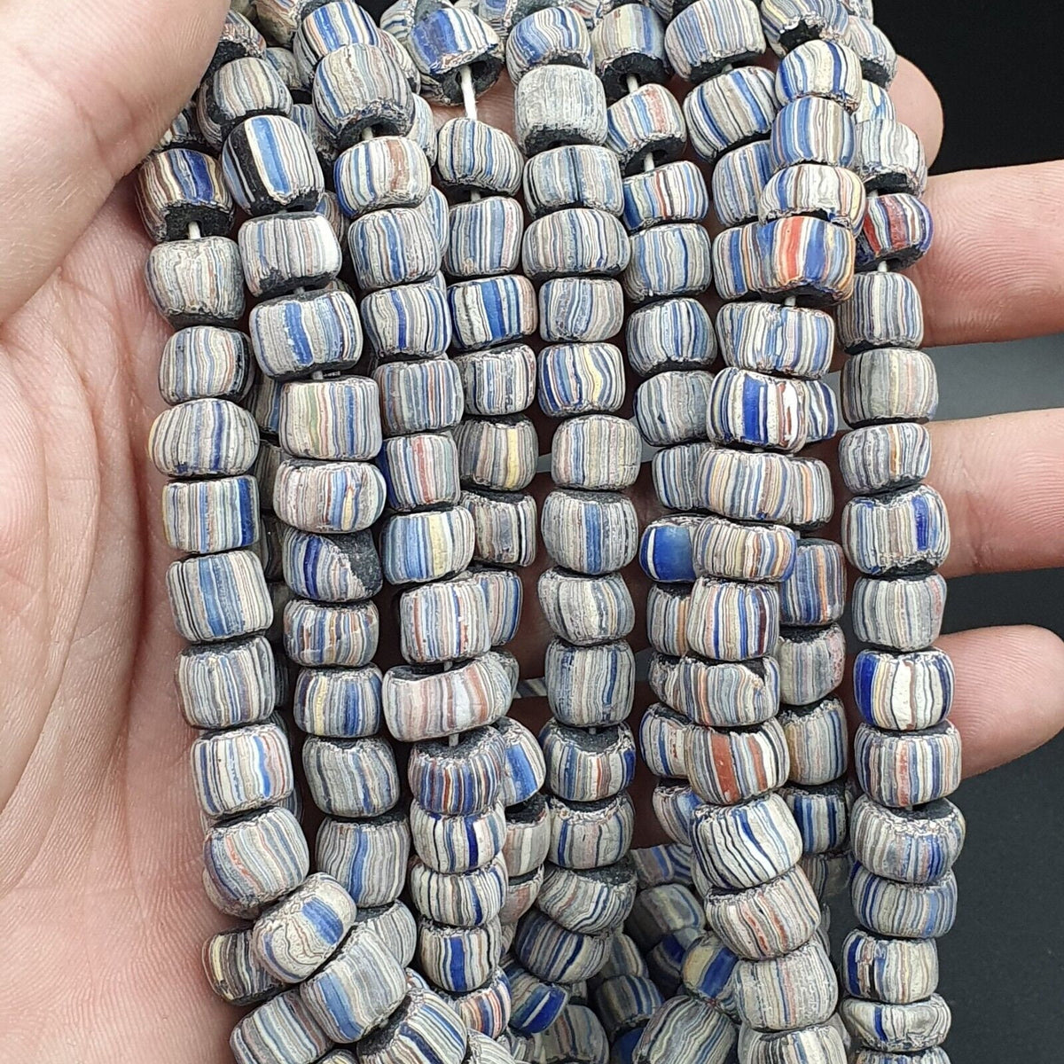 Lot 2 vintage old african glass  stripes beads 8-10mm beads strandGift