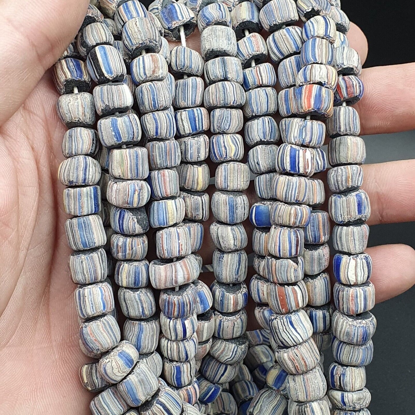 Lot 2 vintage old african glass  stripes beads 8-10mm beads strandGift
