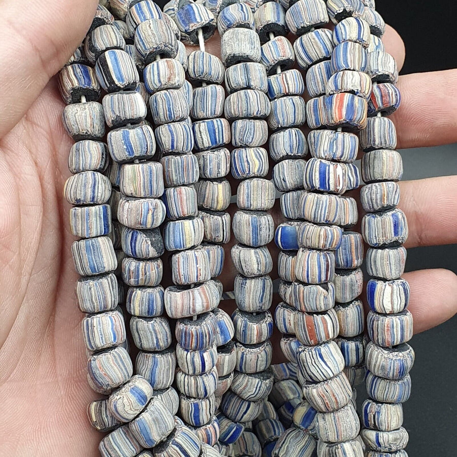 Lot 2 vintage old african glass  stripes beads 8-10mm beads strand.