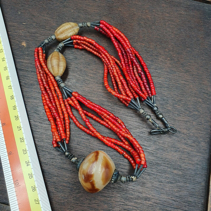 Antique agate, venetian red white heart trade beads antique silver necklace.