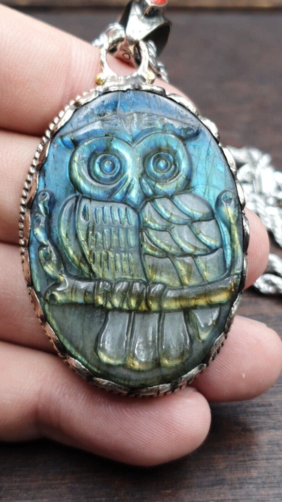 Big men's vintage natural blue fire carving labradorite owl figurine necklace 1