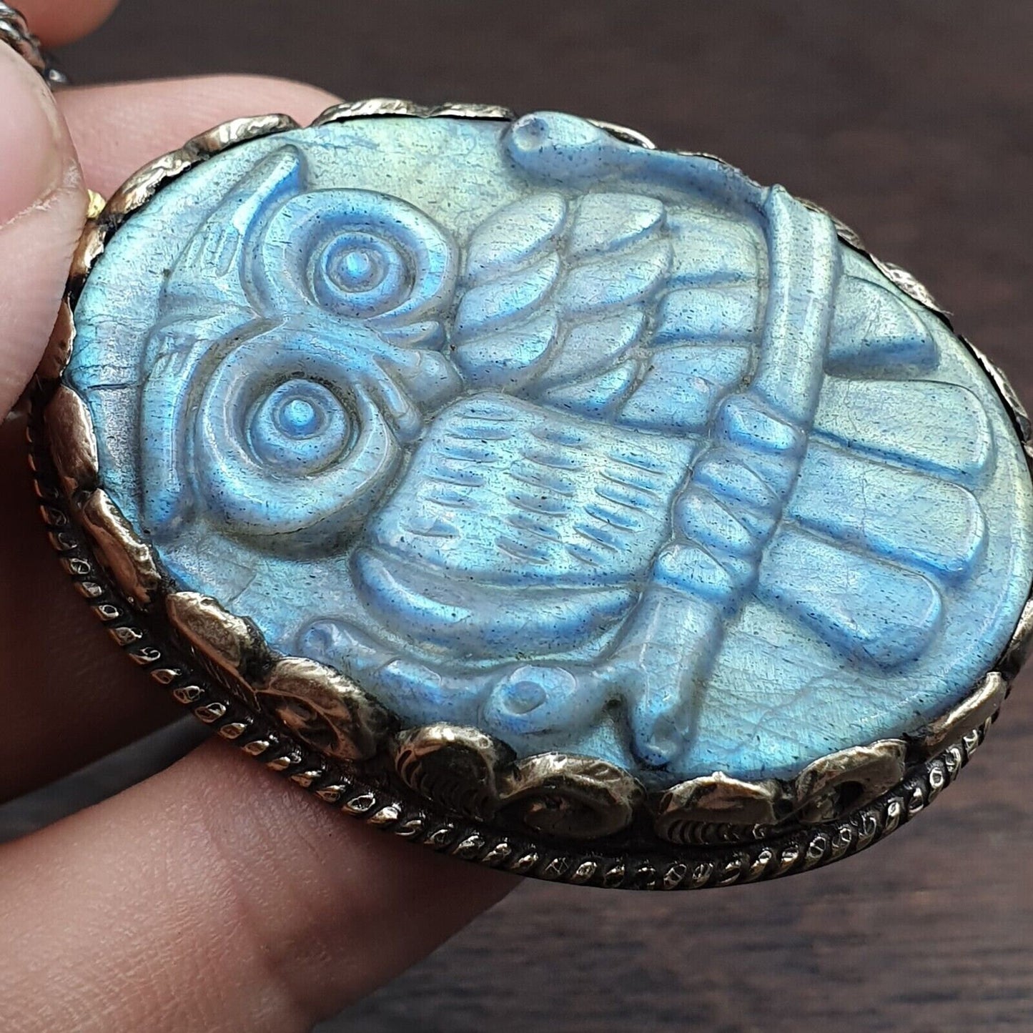 Big men's vintage natural blue fire carving labradorite owl figurine necklace 3