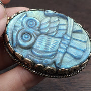 Big men's vintage natural blue fire carving labradorite owl figurine necklace 3