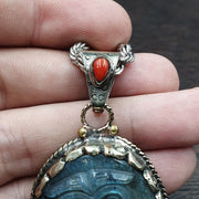 Big men's vintage natural blue fire carving labradorite owl figurine necklace 3
