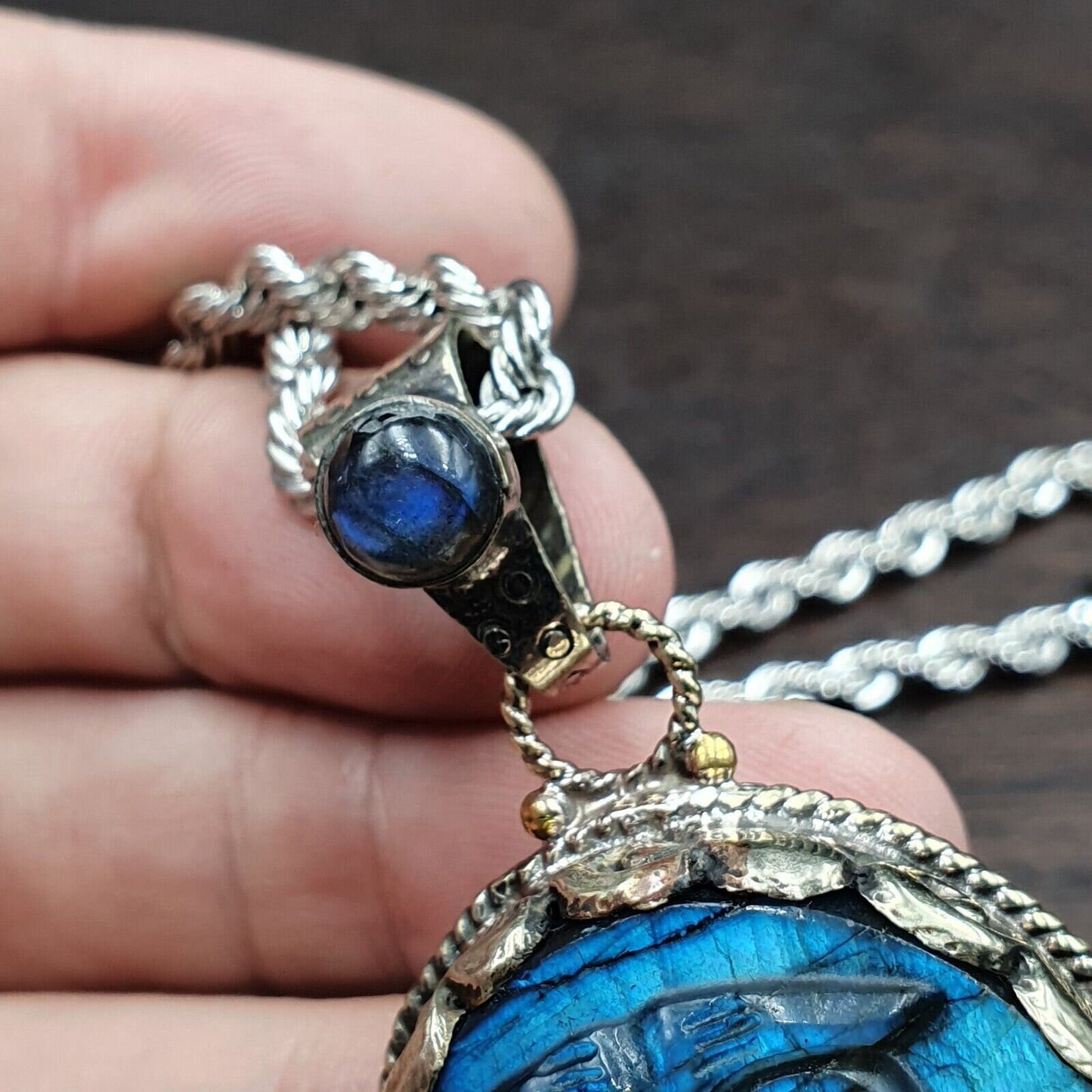 Big men's vintage natural blue fire carving labradorite owl figurine necklace 2