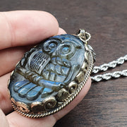 Big men's vintage natural blue fire carving labradorite owl figurine necklace 2