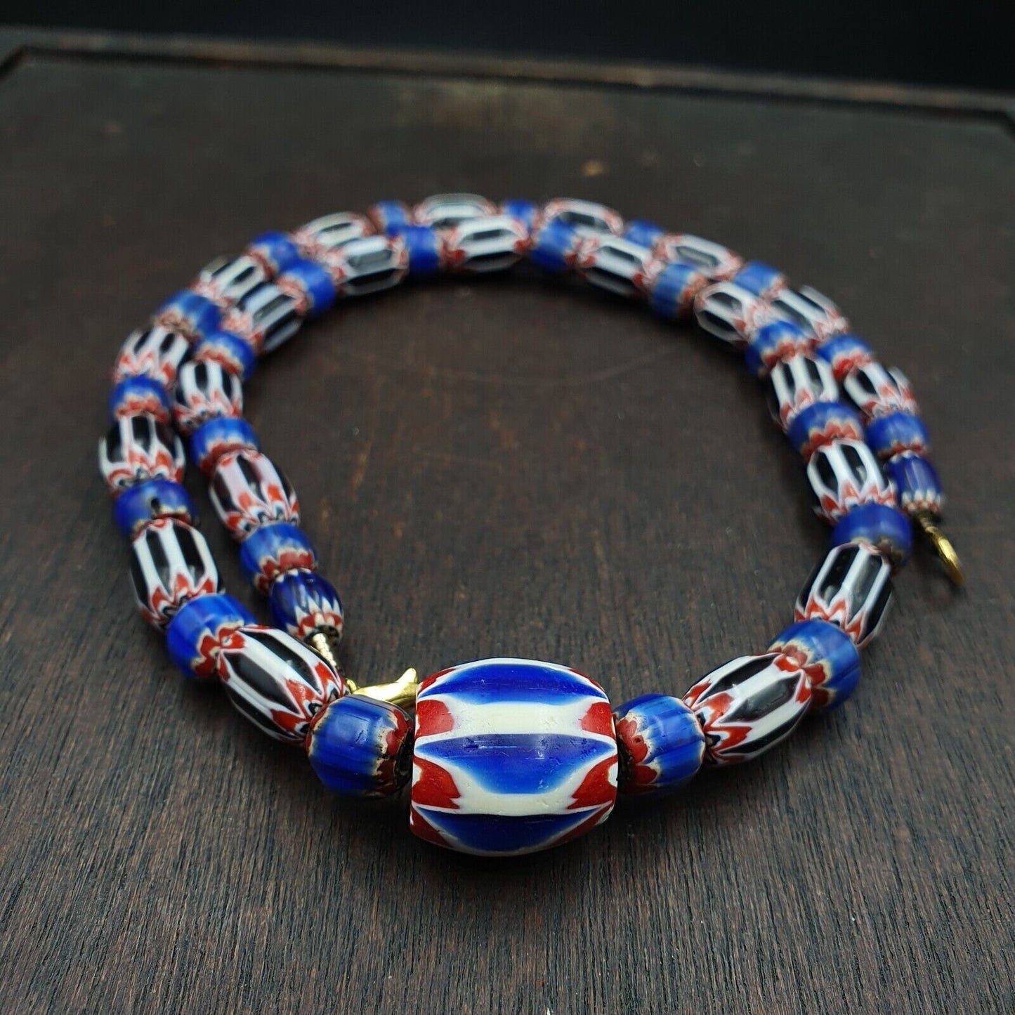Antique venetian inspired african blue & black chevron beads necklace