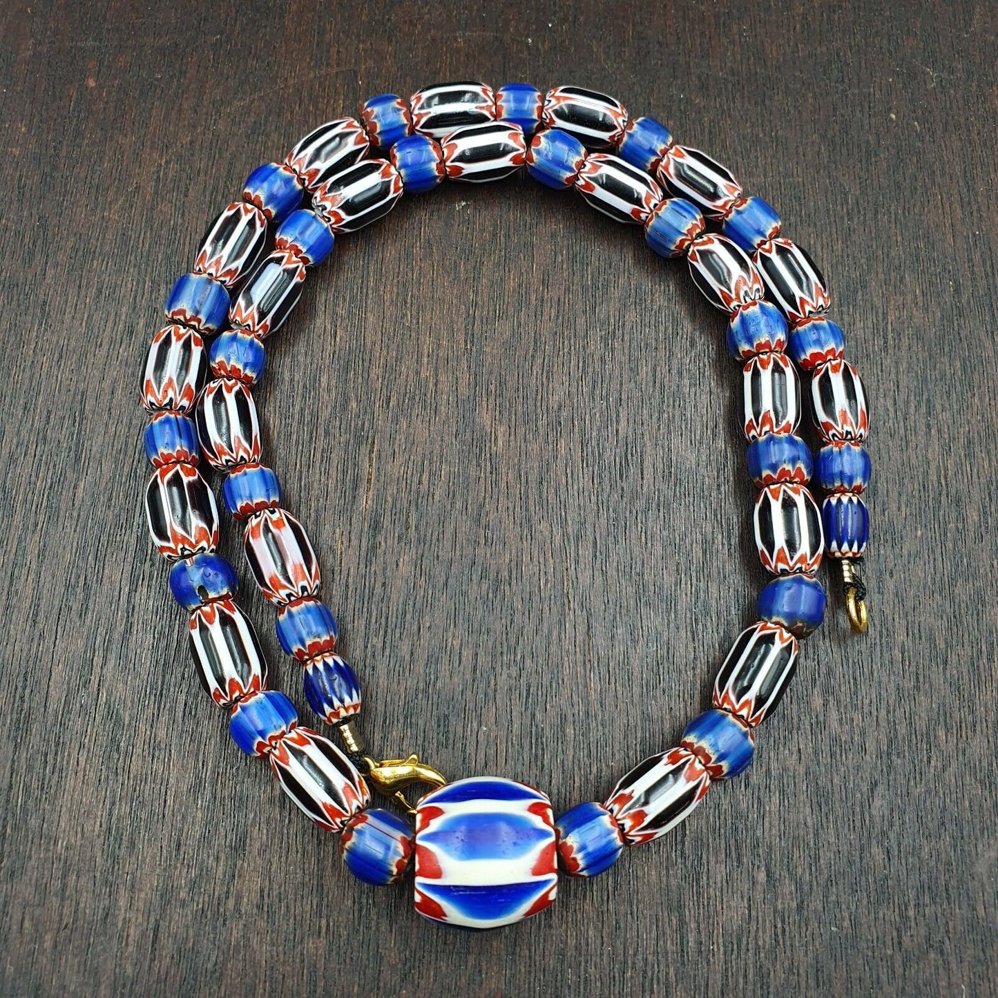 Antique venetian inspired african blue & black chevron beads necklace