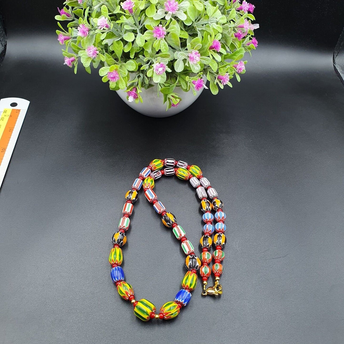 Ych-14 venetian inspired chevron and 4.5mm red white heart  beads necklace