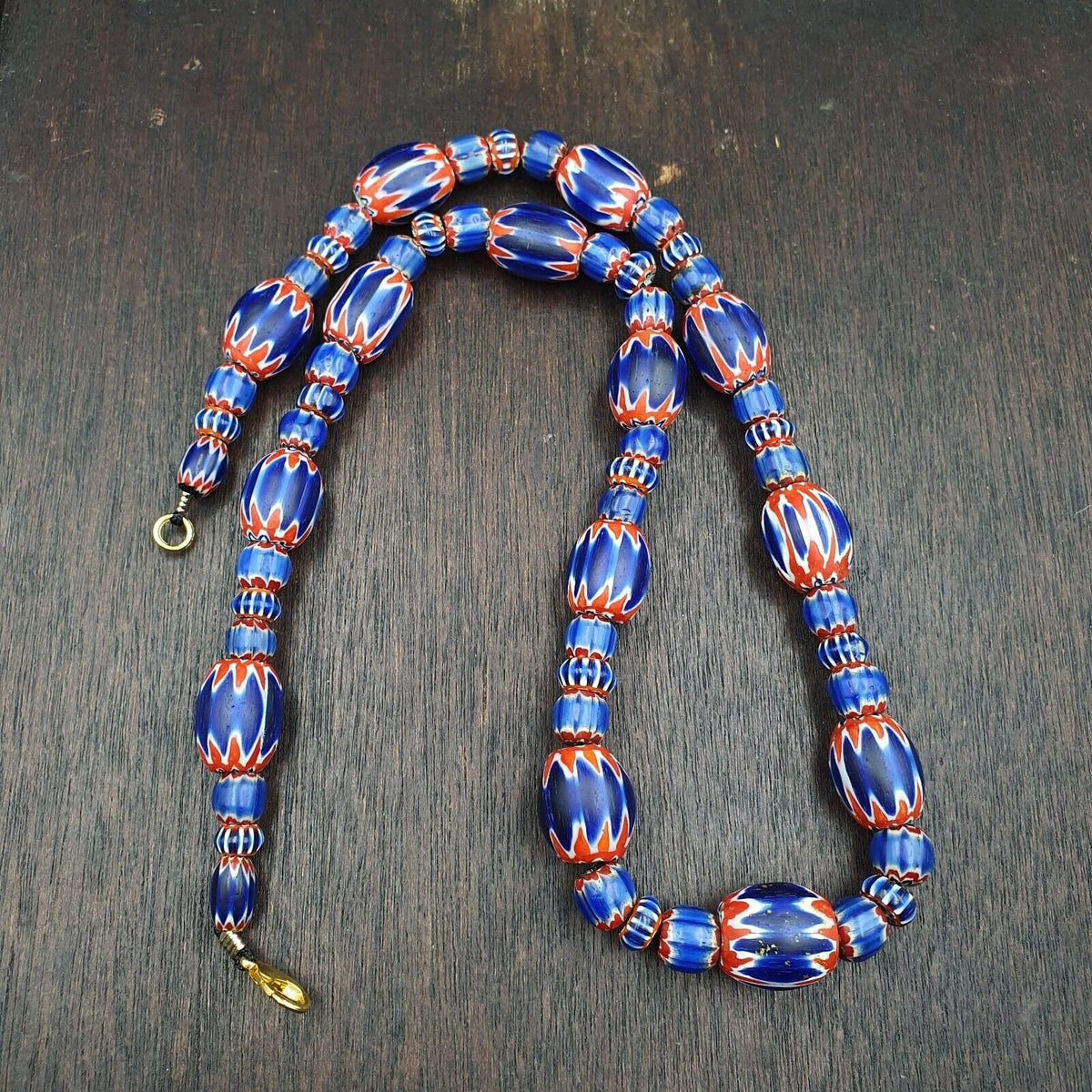 Antique venetian inspired african blue glass chevron beads necklace.