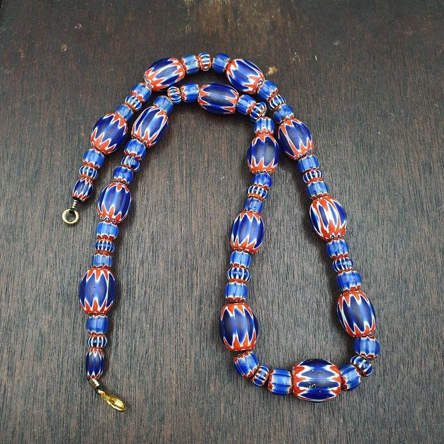 Antique venetian inspired african blue glass chevron beads necklace.