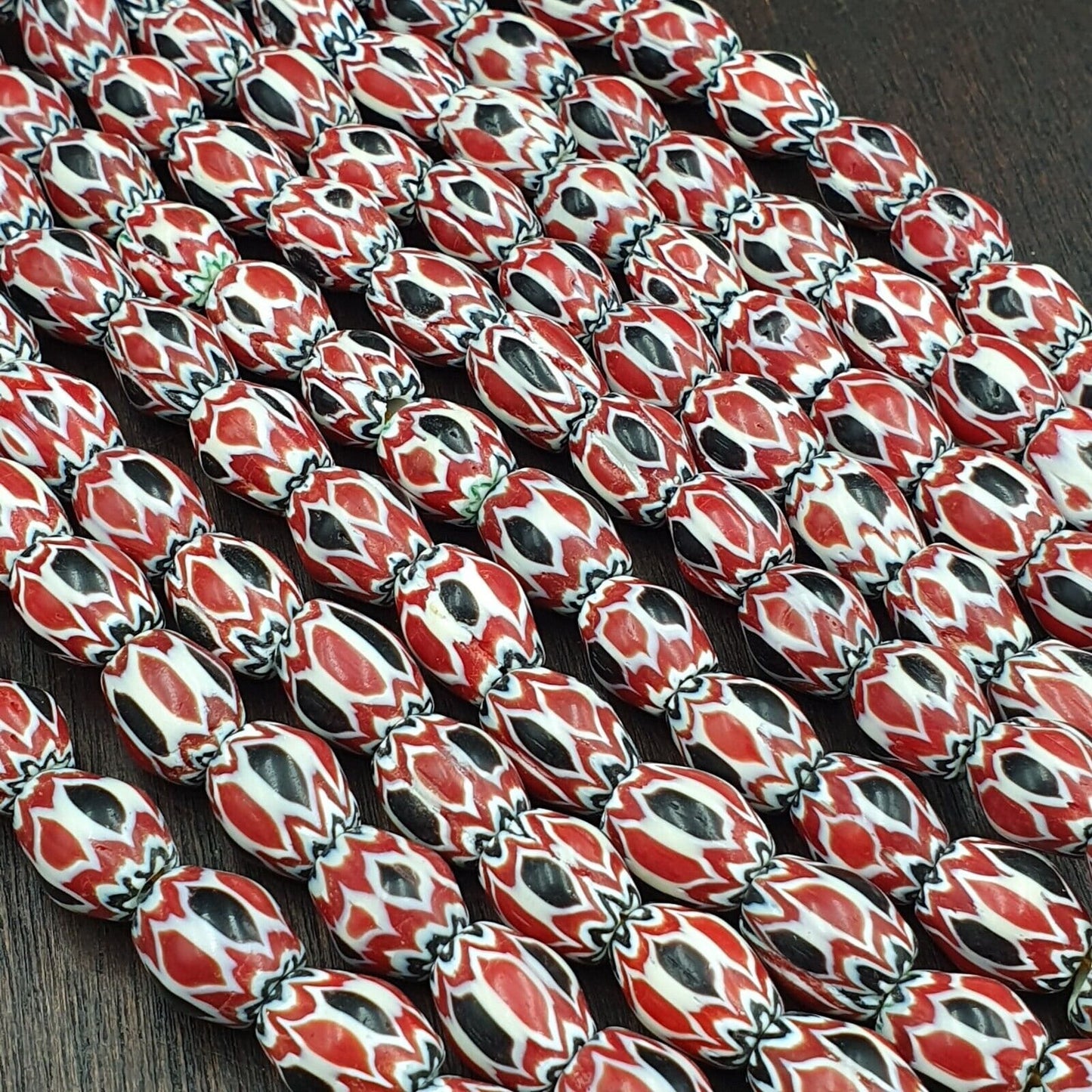 Vintage venetian african style red glass chevron beads long strand 10x13mmGift
