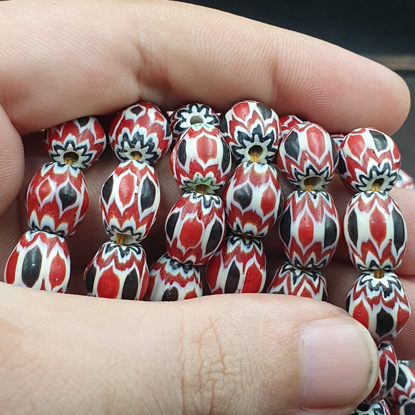 Vintage venetian african style red glass chevron beads long strand 10x13mmGift
