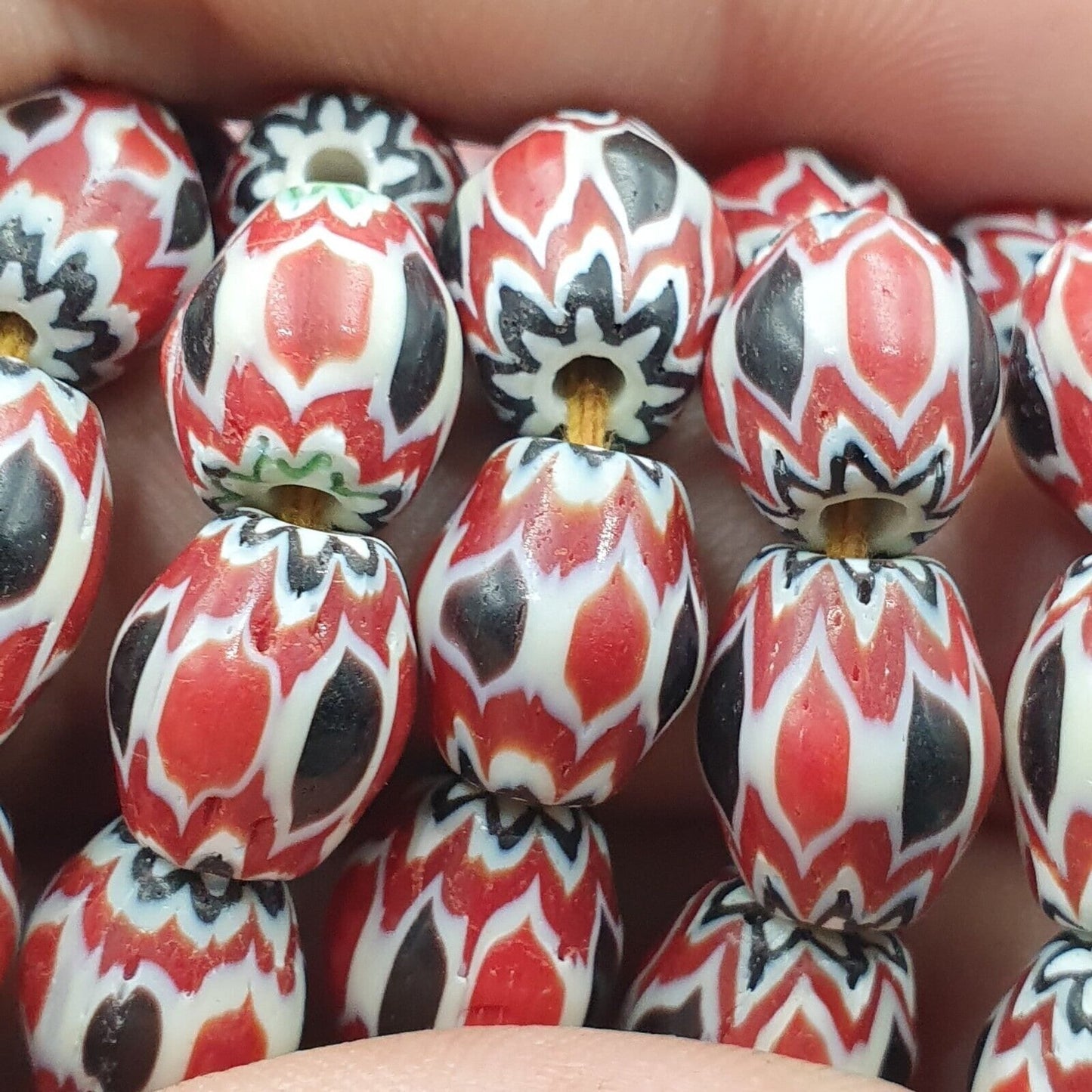 Vintage venetian african style red glass chevron beads long strand 10x13mmGift