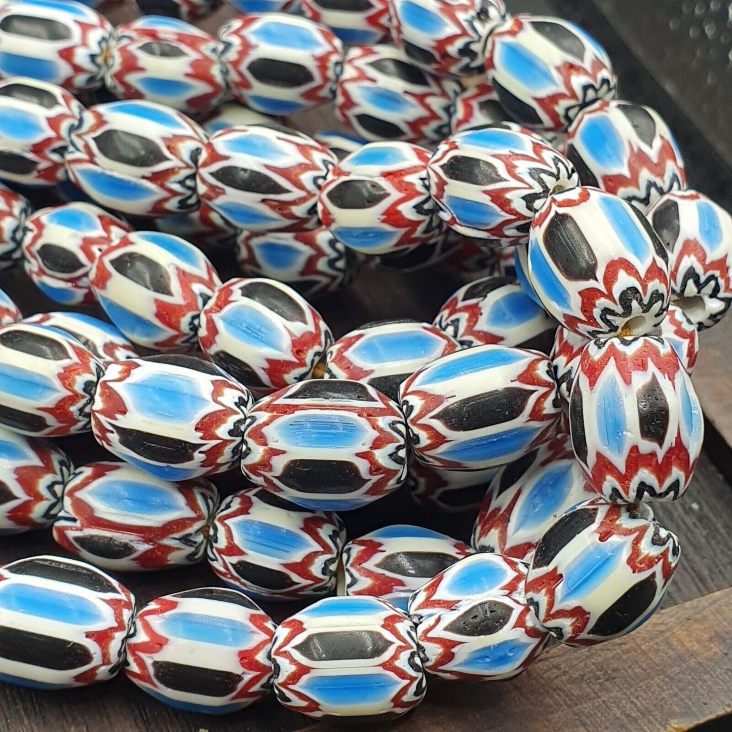 Vintage venetian african style blue glass chevron beads long strand 11x13mmGift